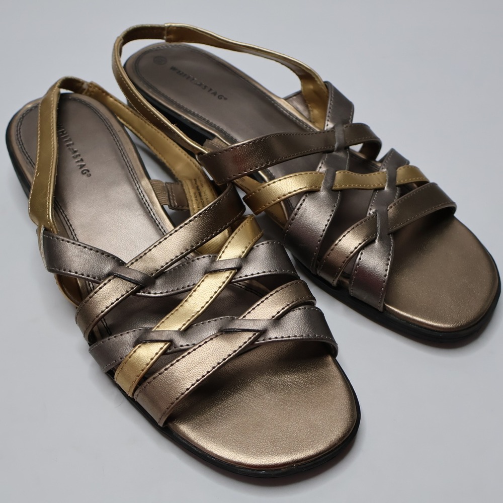 Womens Metallic Criss Cross Slingback‎ Heeled Sandals Gold Sz 9.5 Vintage Style